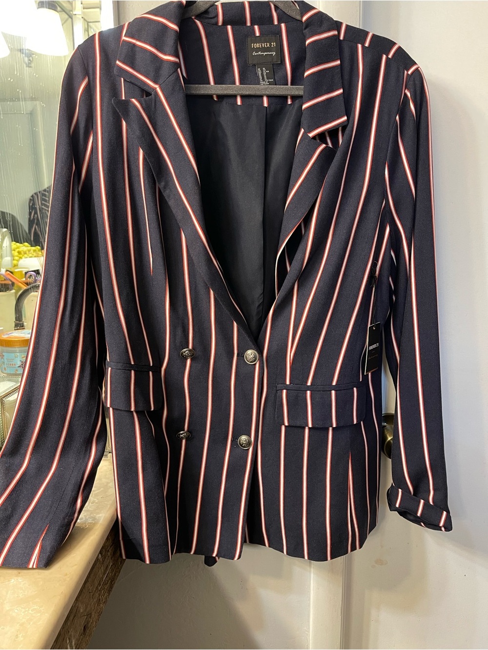 Forever 21 Navy Blazer with Pink Stripe Detailing